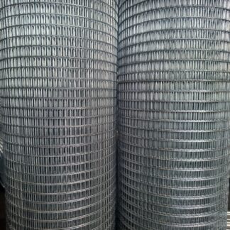 Close-up of galvanized welded mesh rolls with small rectangular openings